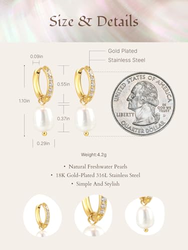 Pearl Earrings VeroSteel Dangle Earrings for Women, Dainty 14k Gold Huggie Hoop Earrings with Pearls, Trendy Pearl Drop Earrings, Stainless Steel Hypoallergenic Stud Earrings For Sensitive Ears - style: Diamond