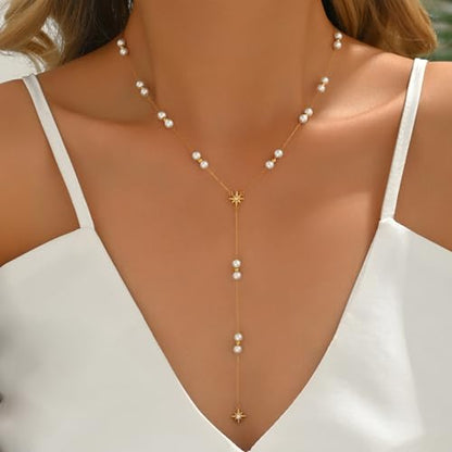 Dainty 18K Gold Plated Lariat Necklace for Women Delicate Y Chain Rose Pearl Diamond Long Drop Necklace Layering Bridal Jewelry Gift - color: Pearl Star-Gold