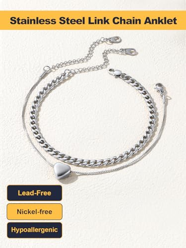 U7 2Pcs/3Pcs Ankle Bracelets for Women, Stainless Steel Cuban Link/Figaro/Rope/Heart Chain Anklets Sets,Waterproof Layered Anklets Adjustable 8.5"-10.5" - color: 02. 2Pcs Style B-Stainless Steel