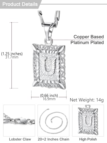 U7 Initial Letter Necklace for Men Women, 14K Gold/Silver Plated Square Capital Monogram Pendant Necklace from A-Z with 22+2 Inch Figaro Chain, Personalized Jewelry for Him - color: Silver, style: U