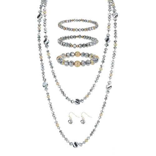 Trendy Infinity Wrap 60’’ Long Statement Necklace, Earrings and Bracelet Set - Hand Knotted Versatile Crystal and Shell Beads Strand Necklace and Chunky Beaded Stretch Bracelet Stack – Jewelry Set Gift for Women - color: Sparkly Silver and Gold