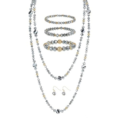 Trendy Infinity Wrap 60’’ Long Statement Necklace, Earrings and Bracelet Set - Hand Knotted Versatile Crystal and Shell Beads Strand Necklace and Chunky Beaded Stretch Bracelet Stack – Jewelry Set Gift for Women - color: Sparkly Silver and Gold