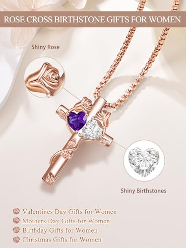 Rose Gold Cross Necklace with 2 Birthstones and Rose | Cross with Birthstone Necklace, Hypoallergenic, Adjustable Rolo Chain, Birthday Gifts, Catholic Christian Religious Jewelry - color: 02-04-Feb-Apr Birthstone