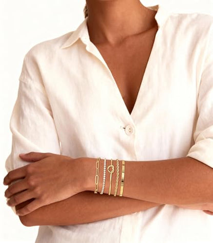 14K Gold Plated Stackable Bangle Bracelets Set for Women | Cuff Bracelet Stackable Bangles Bracelet for Women Trendy Fashion Accessories Tie Knot Cuban Rope Paperclip Beaded Bracelets - color: 5-layer B GD