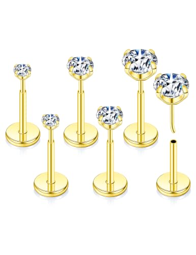 Kosuwo 3 Pairs FlatBack Moissanite Nose Studs Set for Women Men, 20G/18G/16G 925 Sterling Silver Nose Rings, Hypoallergenic Flat Back Earrings for Nose Tragus Cartilage Piercing Jewelry - color: 14K Gold, size: 20G-2/3/4mm