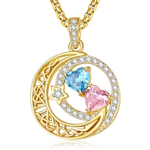 14K Gold Moon and Star Double Birthstone Necklace Gifts for Women | 2 Heart Birthstone Necklace,Mothers Day Wedding Anniversary Birthday Gifts for Wife Mom Daughter Grandma Sister - color: 03-10-Mar-Oct Birthstone