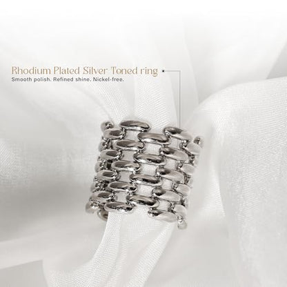 Namami Adjustable Gold Plated & Rhodium Plated(Silver) Wrap Rings for Women | Stackable Pure Brass Tarnish Free & Hypoallergenic, Minimilist Brick Design, 18K Gold Plated Wide Band Chunky Statement Ring - color: Silver
