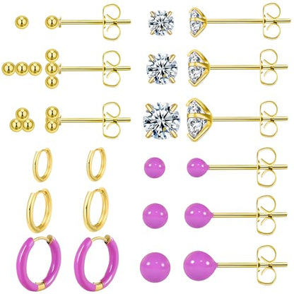 12 Pairs Stud & Hoop Earrings Set for Women 2-5mm Colorful Ball & Cubic Zirconia Stud earrings 8/10/12mm Hoop Earrings Hypoallergenic Stainless Steel Jewelry Gift Collection - color: purple