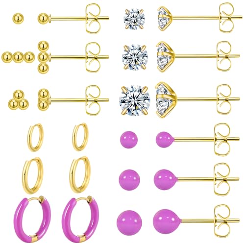 12 Pairs Stud & Hoop Earrings Set for Women 2-5mm Colorful Ball & Cubic Zirconia Stud earrings 8/10/12mm Hoop Earrings Hypoallergenic Stainless Steel Jewelry Gift Collection - color: purple