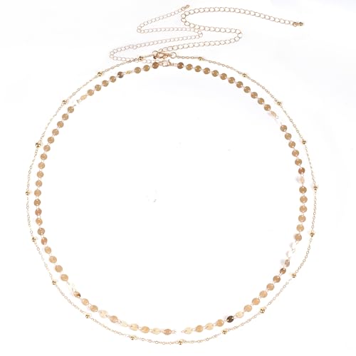 2 Pcs Gold Silver Waist Chain for Women, Layered Belly Chains, Adjustable Beaded & Sequin Waist Beads Body Chain Belt, Dainty Summer Beach Jewelry for Bikini Party Rave Outfits Gift - color: Gold