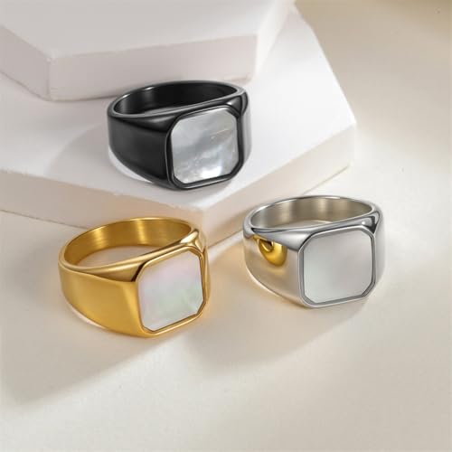 PAURO Men's Stainless Steel Minimalist Square Shell Stone Crystal Signet Ring Plated Glossy Wedding Band - color: Silver