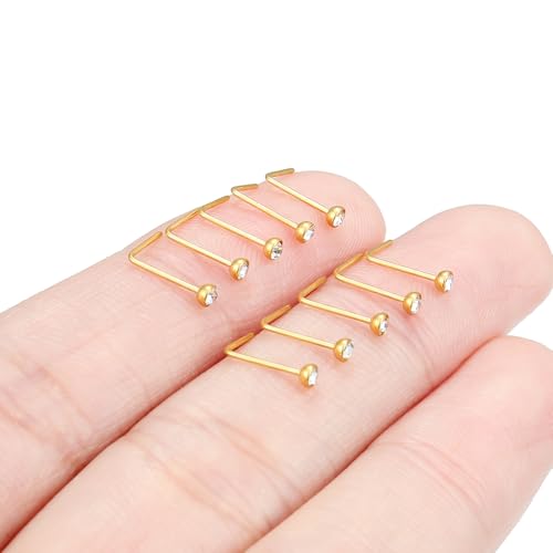Hoeudjo Nose Studs Surgical Steel Cubic Zirconia Nose Rings Kit for Women Men Tiny Nose Stud Bone & Screw & L Shaped Nostril Piercing Jewelry 18/20/22/24 Gauge 10 Pieces - color: gold-tone,L-shaped nose studs, size: 24g/2mm clear CZ