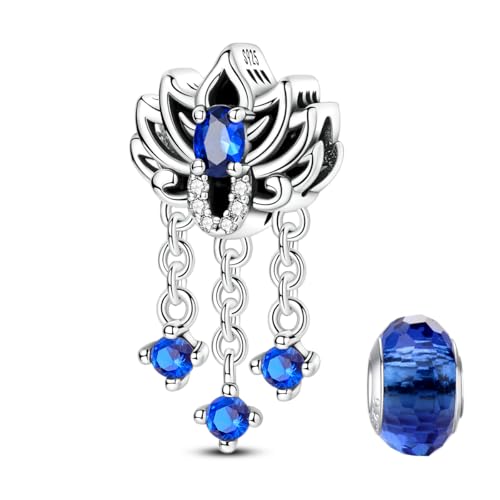 LNQOBU 925 Sterling Silver Charms for Bracelets Dangle Pendant fit Pandora Bracelets or Necklaces Jewelry Woman Gift Beads Charm (With one Spacer Beads) - style: Blue Lotus