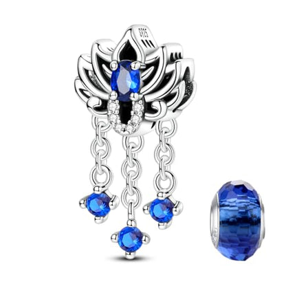 LNQOBU 925 Sterling Silver Charms for Bracelets Dangle Pendant fit Pandora Bracelets or Necklaces Jewelry Woman Gift Beads Charm (With one Spacer Beads) - style: Blue Lotus