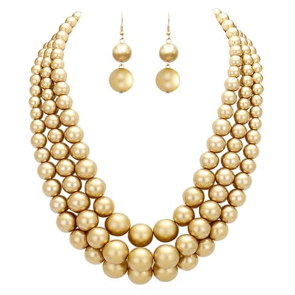 Rosemarie & Jubalee Women's 3 Colorful Multi Strands Simulated Pearl Necklace And Earrings Jewelry Gift Set, 18"+3" Extender - color: Matte Gold - Double Ball Earring