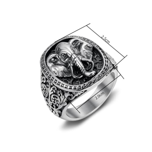 Men's Silver Gold Elephant Head Ring Stainless Steel Biker Band | Religious Engraved Chunky Signet Band for Men, Elephant Animal Lucky Ring, Retro Amulet Jewelry Gift for Him - color: Silver