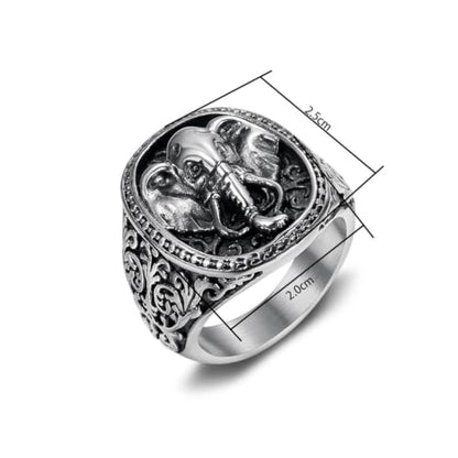 Men's Silver Gold Elephant Head Ring Stainless Steel Biker Band | Religious Engraved Chunky Signet Band for Men, Elephant Animal Lucky Ring, Retro Amulet Jewelry Gift for Him - color: Silver