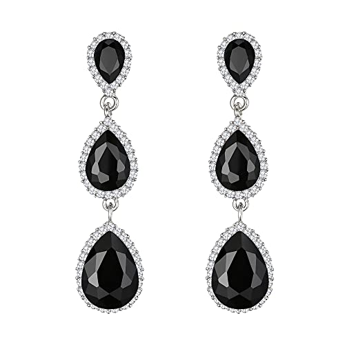 EleQueen Women's Crystal Teardrop Pear Shape 2.5 Inch Long Earrings | Dangle Earrings for Women, TearDrop Crystals Earrings for Bride Bridesmaid, Prom Jewelry for Wedding - color: Deep Black Color Silver-Tone