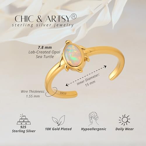 CHIC & ARTSY Women Toe Ring 925 Sterling Silver Animals Toe Ring Dainty Created Opal Toe Ring Adjustable Single Toe Ring for Women Beach Jewelry - color: L-Turtle/18k gold plated