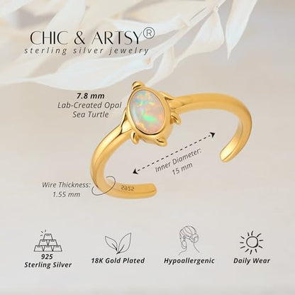 CHIC & ARTSY Women Toe Ring 925 Sterling Silver Animals Toe Ring Dainty Created Opal Toe Ring Adjustable Single Toe Ring for Women Beach Jewelry - color: L-Turtle/18k gold plated