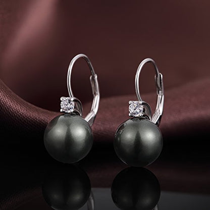 Pearl Earrings for Women Pearl Leverback Earrings 925 Sterling Silver - color: A2-zirconia-black pearl