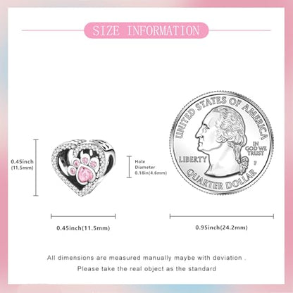 S925 Sterling Silver Cute Bead Charm for Pandora Bracelets and Necklaces | Lucky Clover Cute Animal Pink Bow Cherry Butterfly Pendant Bead Charms Jewelry Making Gifts for Women Valentines Mother's Day - style: Paw Print Heart Bead Charm