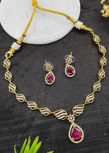 Antique Gold Plated Temple Jewellery Necklace Set with Earrings for Women, Traditional Indian Bridal Necklace Set, South Indian Choker Haram Style Jewellery Set, Ethnic Wedding Party Wear Necklace Set for Women - color: AD-Neck-126