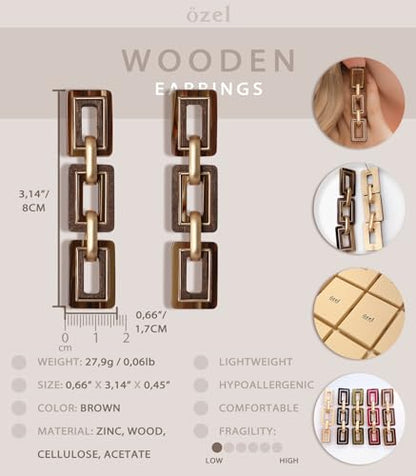 Ozel - Natural Wooden Acrylic Boho Drop Dangle Earrings for Women - Geometric Statement Jewellery - Brown, Black, Magent Red, Olive Green, White beige - color: 3Square_Brown