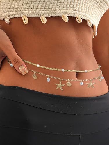 TEBIEKOY Waist Chains for Women, 2 pcs Gold Starfish & Pearl Belly Chain Body Jewelry with Dangle Charms for Beach, Bikini & Summer