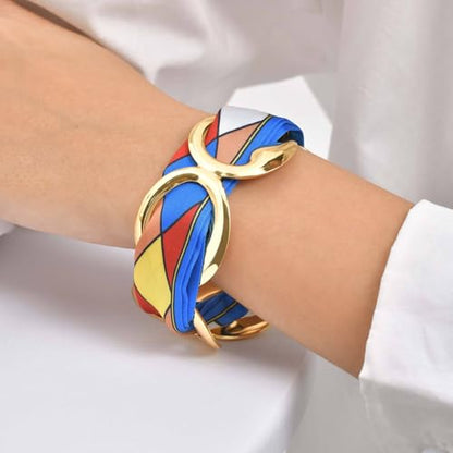 Women Trendy 2 in 1 Silk Scarf Wide Open Cuff Bangle Bracelet Set,18K Gold Plated Adjustable Scarf Cuff Bracelet, Stainless Steel Fashion Statement Wrist Cuff Wrap Jewelry Gifts - color: Royal Blue