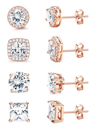 MILACOLATO S925 Sterling Silver Stud Earrings for Women Men Hypoallergenic 18K Gold Plated Cubic Zirconia Earrings Studs Brilliant Simulated Diamond Halo Earring for Sensitive Ears - style: 18K Rose Gold Plated - Medium Size CZ