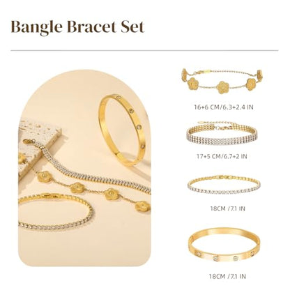 18 K Gold Plated Love Bangle Bracelet Stack for Women,Set of 4 Floral Clover Chain, Tennis Crystal &Gold Stackable Bangle Bracelet -Adjustable Layered Jewelry Gift for Wife Valentines Mother's Day-MVCOLEDY - color: Gold and White CZ