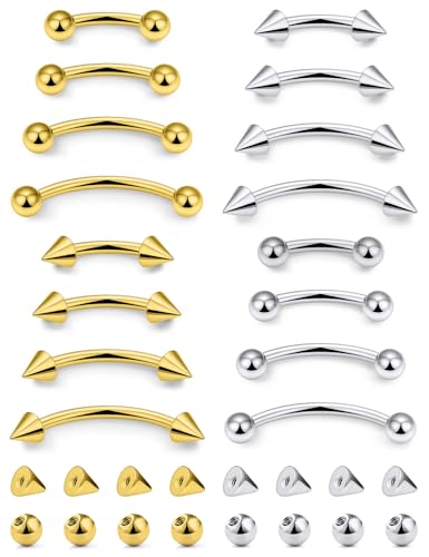 Jenxnjsjo 16g 6/8/10/12mm Silver/Gold/Black Eyebrow/Rook/Snug/Vertical-Labret/VCH/Snake-Eyes/Anti-Tragus/Christina/Daith/Belly-Button/Bridge/Hood/Surface Curved Barbell Piercing Jewelry for Women Men - color: Silver & 14k-Gold Plated