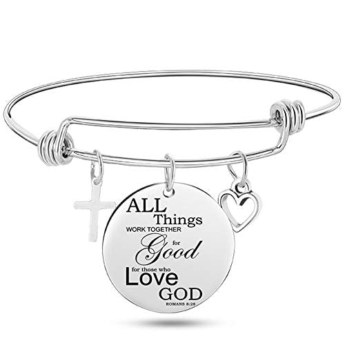 Jude Jewelers Stainless Steel Adjustable Size Christian Cross Holy Bible Verses Mantra Bangle Bracelet - style: Romans 8:28