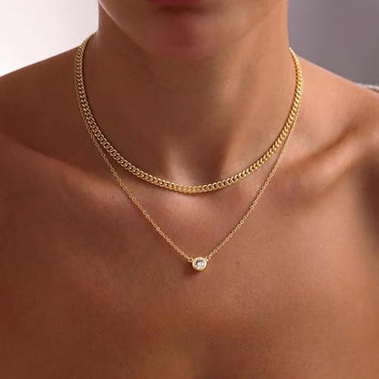 Tewiky Dainty 14k Gold Plated/Silver Cubic Zirconia Necklaces for Women, Simple CZ Jewelry Necklaces Trendy Gifts - color: Gold layered cuban CZ