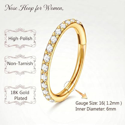 Staligue Nose Hoop ring - 316L Surgical Steel Nose Ring 16/18/20G Hinged Diamond Nose Ring Hoop Septum Clicker Rings Cartilage Earring Helix Rook Tragus Daith Piercing Jewelry for Women 6MM/8MM/10MM/12MM - color: Gold, size: 16G-6MM