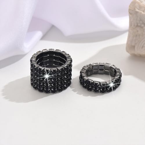 Fashion Silver Bling Rhinestone Crystal Stretch Rings Set for Women | Sparkly Rhinestone Elastic Finger Nail Ring Glitter Stretchy Stack Statement Knuckle Rings Cocktail Jewelry Accessories Pack - color: Black