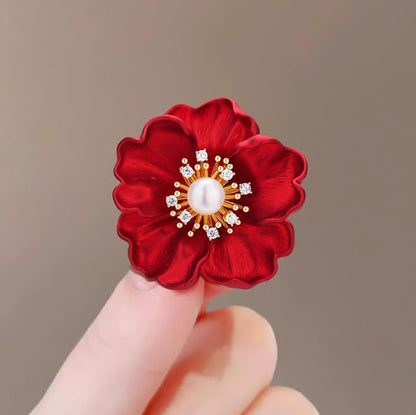 Anmpab Red Peony Flower Brooch with Pearl and Rhinestone Floral Lapel Pin for Women Blazer Dress Coat Jacket Scarf
