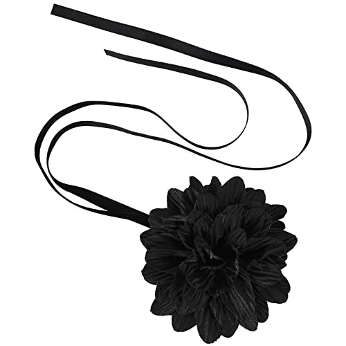 Black Choker Camellia Flower Lace-up Necklace For Women - color: Large black flower