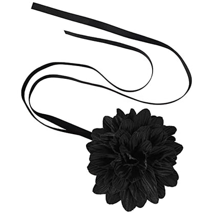 Black Choker Camellia Flower Lace-up Necklace For Women - color: Large black flower