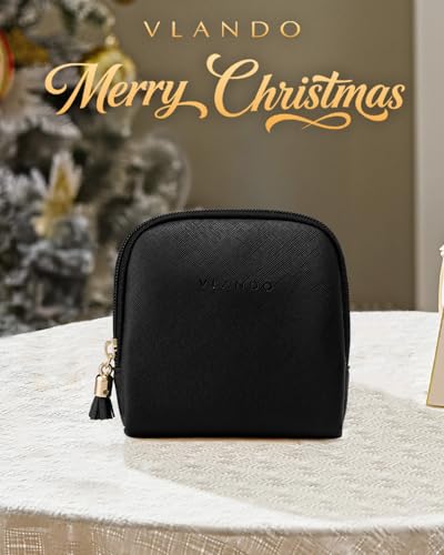 VLANDO Small Travel Jewelry Case,Velvet Pouch Bags with Zipper,Black | Travel Essentials,PU Leather Organizer with 5 Divided Sections,Carry-On Totes,Gift for Birthday,Bride,Bridesmaid,Women,Girls - color: C.Black