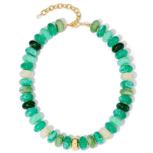 Chunky Beaded Necklace for Women Boho Statement Bead Necklace Adjustable Choker with Polished Disc/Square Beads Trendy Summer Beach Jewelry Gifts - color: Green Ombre
