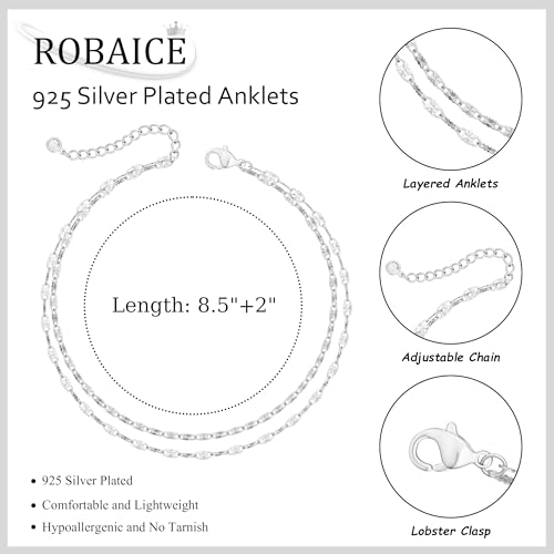 Robaice Ankle Bracelets for Women, 14K Gold Plated/Silver Layered Anklets | Waterproof Adjustable Anklet for Women, Summer Beach Anklet, Glitter Jewelry for Women Gifts - color: Silver-4