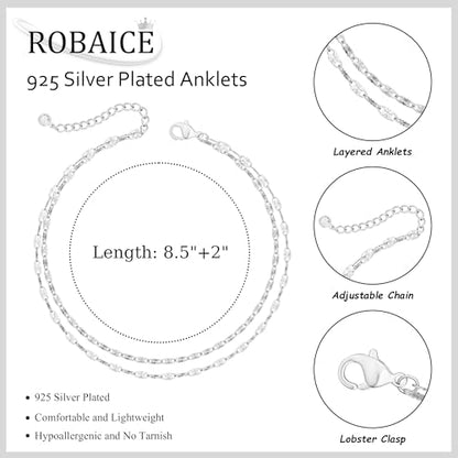 Robaice Ankle Bracelets for Women, 14K Gold Plated/Silver Layered Anklets | Waterproof Adjustable Anklet for Women, Summer Beach Anklet, Glitter Jewelry for Women Gifts - color: Silver-4