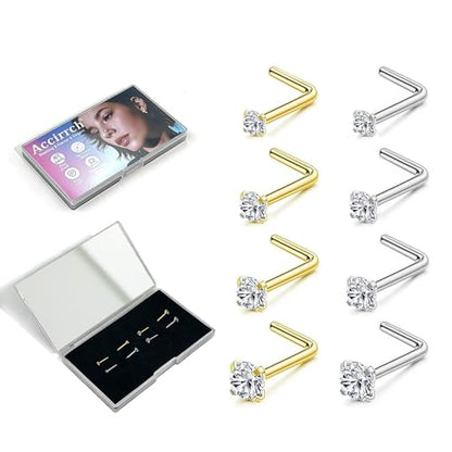 8Pcs Nose Rings Studs Set for Women Men: Hypoallergenic G23 Titanium/316L Surgical Stainless Steel Nose Studs, Nickel-free Lead-free L Shaped Corkscrew Nose Piercing Jewelry CZ 1.5mm 2mm 2.5mm 3mm - style: Titanium 8Pcs 20G L Shaped Gold/Silver