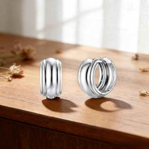925 Sterling Silver Hoop Earrings for Women Chunky Small Huggie Earrings | Hypoallergenic Lightweight Huggy Earrings Crafted with 925 Sterling Silver Posts Fashion Jewelry Gifts - color: Silver Chunky Huggie Earrings