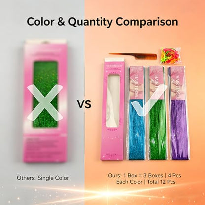 CELINABELLA Clip In Hair Tinsel 12 Pack 3 Colors Emerald Aqua Midnight Orchid 23 Inch 70 Strands Heat Resistant 320°F Invisible Light Brown Clips For Women Teens Party Festival Daily Hairstyles - color: Blue-Green-Purple