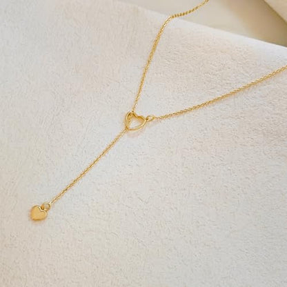 HERIER Lariat Gold Necklace for Women, Dainty Long Necklace 14k Gold Plated/Silver Y-Shaped Layered Beaded Chain Drop Necklaces for Women Trendy Simple Gold Jewelry for Women Gifts - color: Y Heart Necklace-Gold