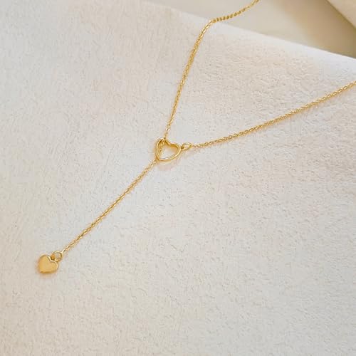 HERIER Lariat Gold Necklace for Women, Dainty Long Necklace 14k Gold Plated/Silver Y-Shaped Layered Beaded Chain Drop Necklaces for Women Trendy Simple Gold Jewelry for Women Gifts - color: Y Heart Necklace-Gold
