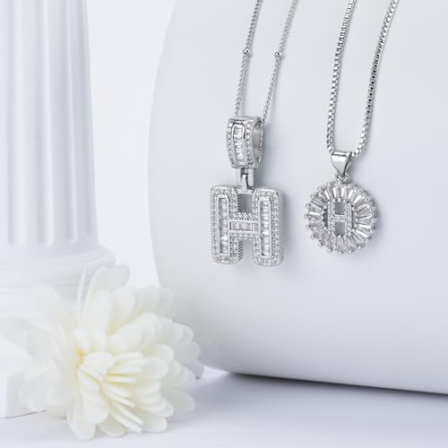 14K Gold Plated Alphabet Necklace Cubic Zirconia Letter Pendant, Personalized Name Jewelry Gift for Women, Customizable A-Z, Birthday/Mothers Day Gifts for Womens - color: White Gold, style: Style-H